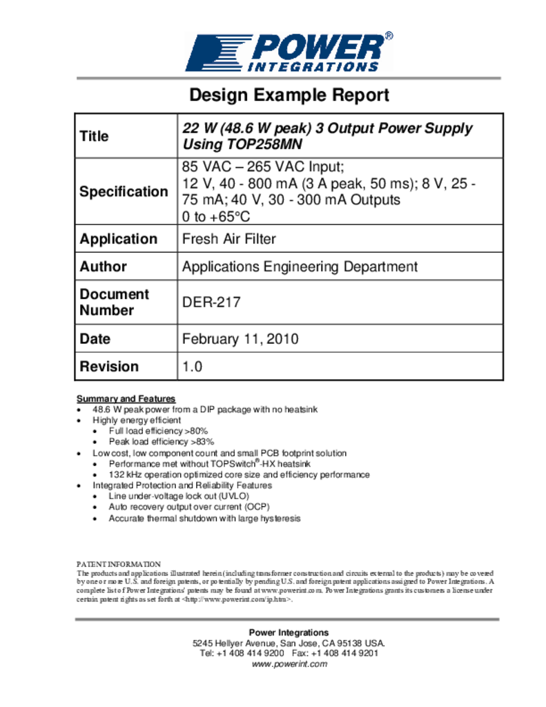 Der 217 22 W 48 6 W Peak 3 Output Power Supply Power Integrations Inc
