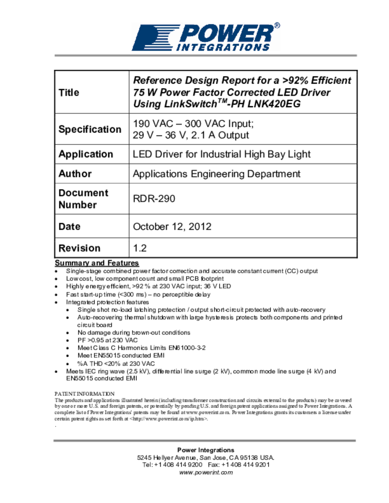 Rdr 290 Reference Design Report For A 92 Efficient 75 W Pfc Led Driver Power Integrations Inc