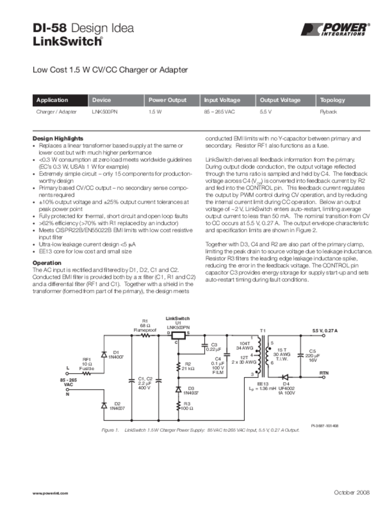 Di 58 1 5 W Cv Cc Charger Or Adapter Power Integrations Inc