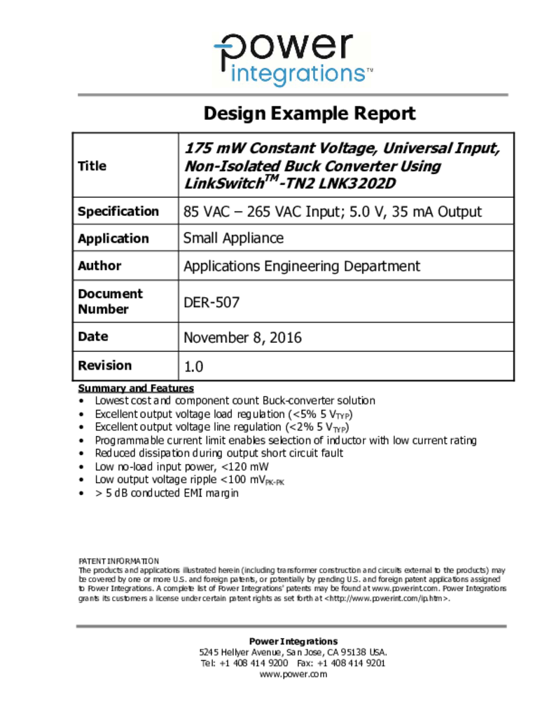 Der 507 175 Mw Constant Voltage Universal Input Non Isolated Buck Converter Power Integrations Inc