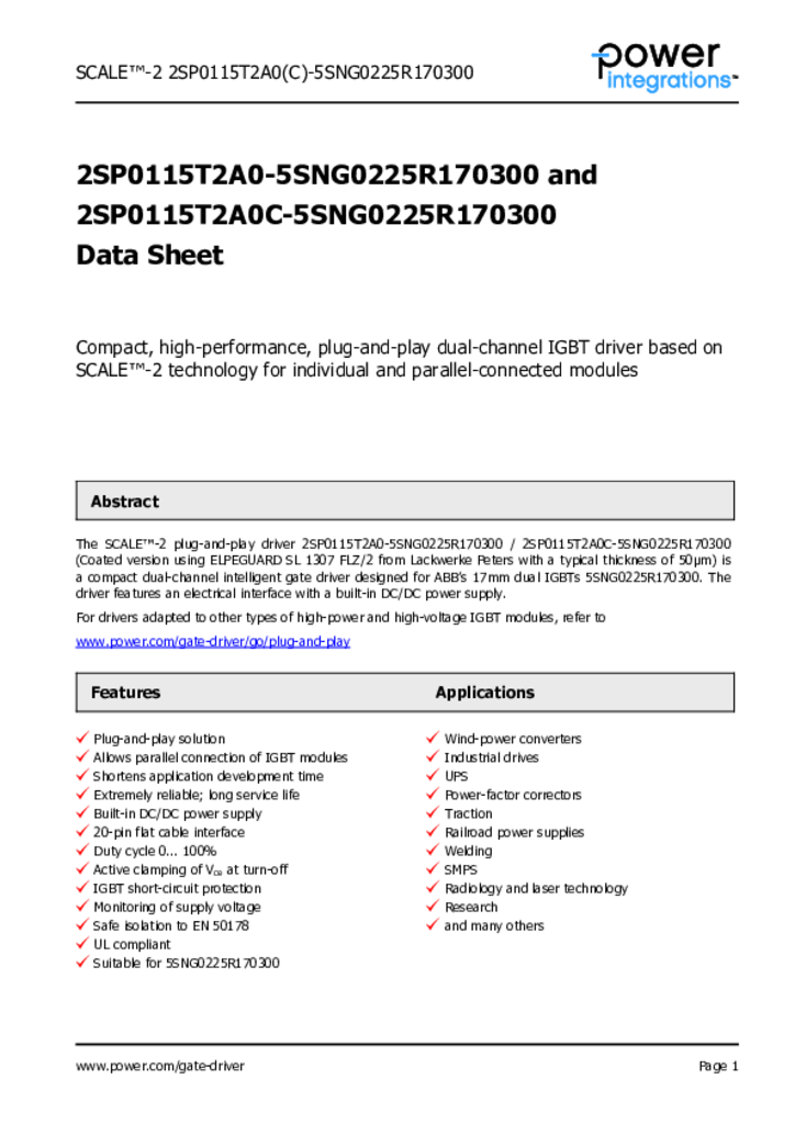 2sp0115t2ax 5sng0225r Data Sheet Power Integrations Inc