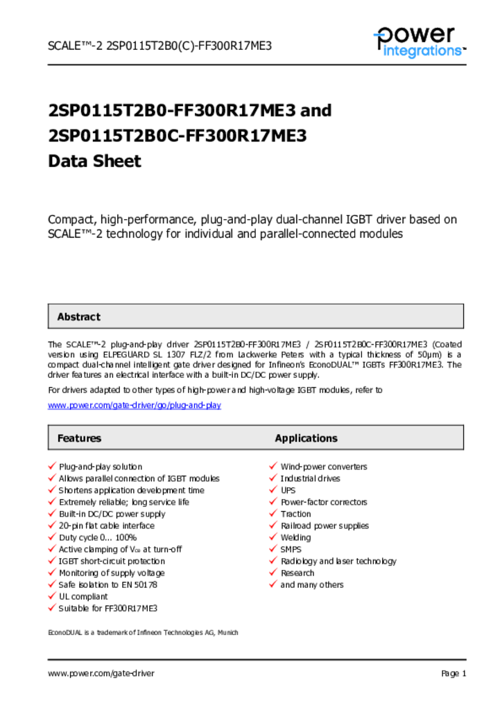 2sp0115t2bx Ff300r17me3 Data Sheet Power Integrations Inc